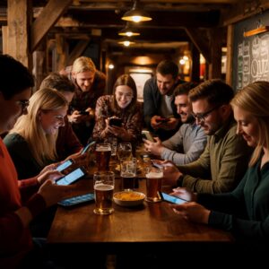 People,Playing,A,Quiz,Via,Smartphone,In,A,Pub